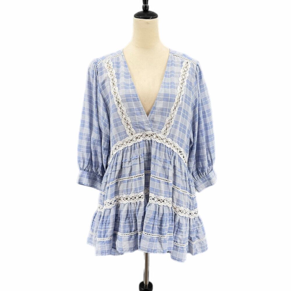 Free People Time Out Plaid Lace Trim 3/4 Sleeve Blue White 100% Cotton Tunic Top
